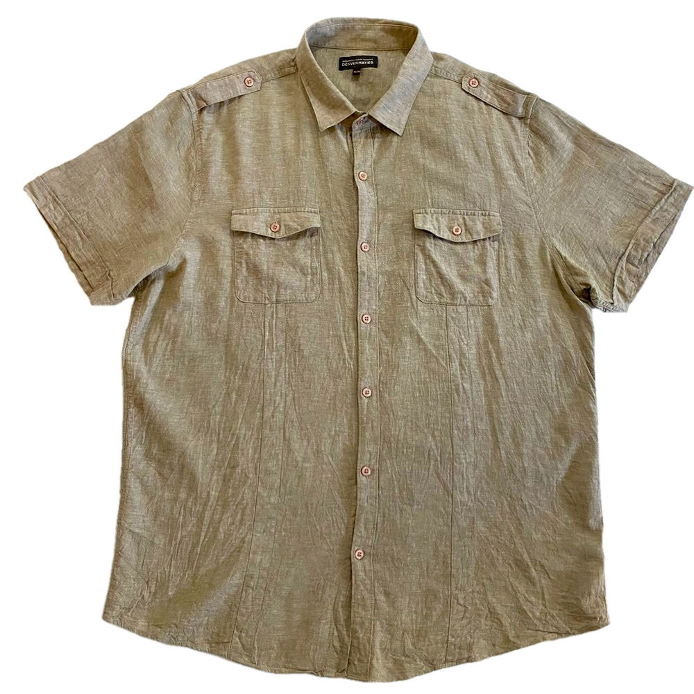 DENVER HAYES men’s cotton linen beige collard button down shirt size XL